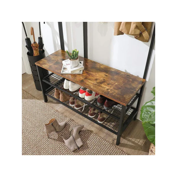 Grand Porte-Manteaux Marron Rustique Noir Meuble d’entrée avec Etagère à Chaussures