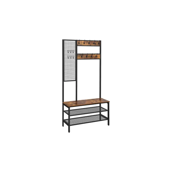 Grand Porte-Manteaux Marron Rustique Noir Meuble d’entrée avec Etagère à Chaussures