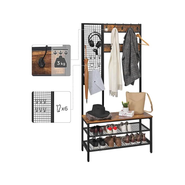 Grand Porte-Manteaux Marron Rustique Noir Meuble d’entrée avec Etagère à Chaussures