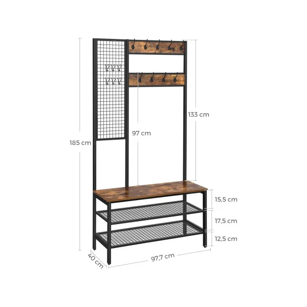 Grand Porte-Manteaux Marron Rustique Noir Meuble d’entrée avec Etagère à Chaussures