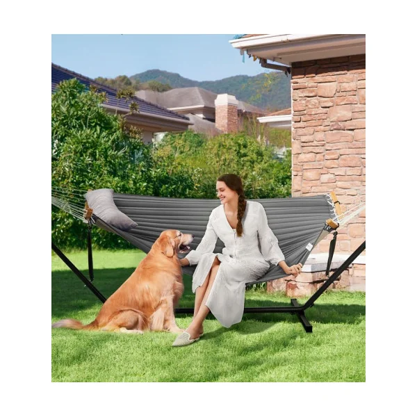 Hamac Gris avec Support en Acier Barre de Soutien Double avec Coussin