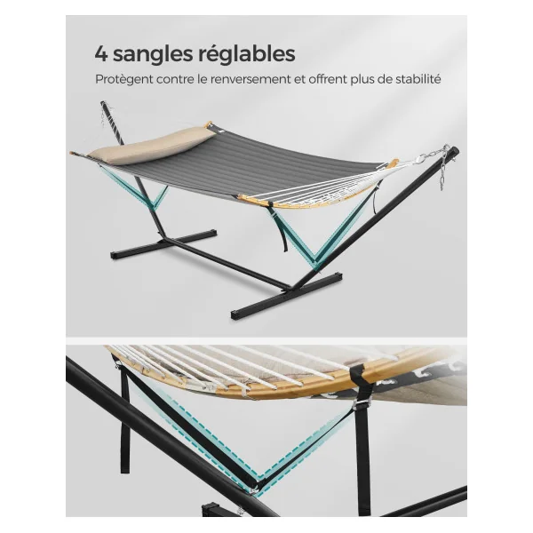 Hamac Gris avec Support en Acier Barre de Soutien Double avec Coussin