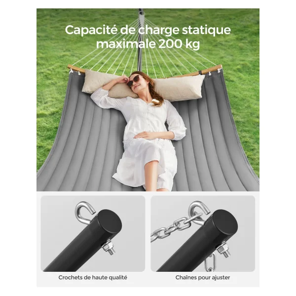 Hamac Gris avec Support en Acier Barre de Soutien Double avec Coussin