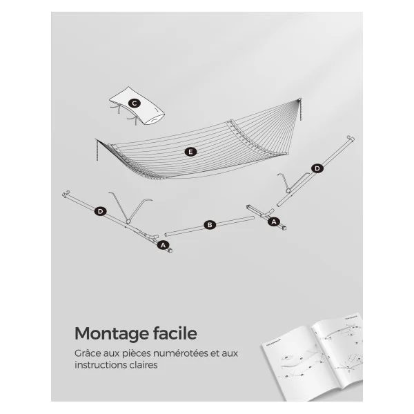 Hamac Gris avec Support en Acier Barre de Soutien Double avec Coussin