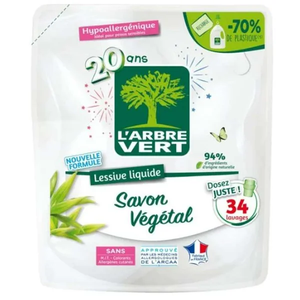 Lessive liquide savon végétal recharge, l'Arbre Vert (1.53 l)