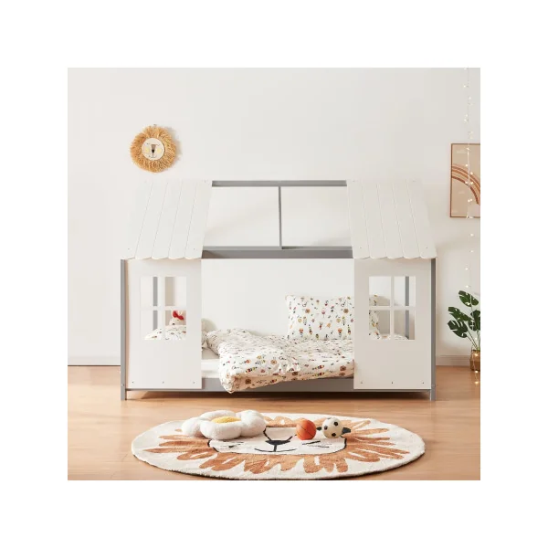Lit Cabane Enfant Lit Montessori Gris et Blanc 90 x 200 cm Lit Maison avec Sommier