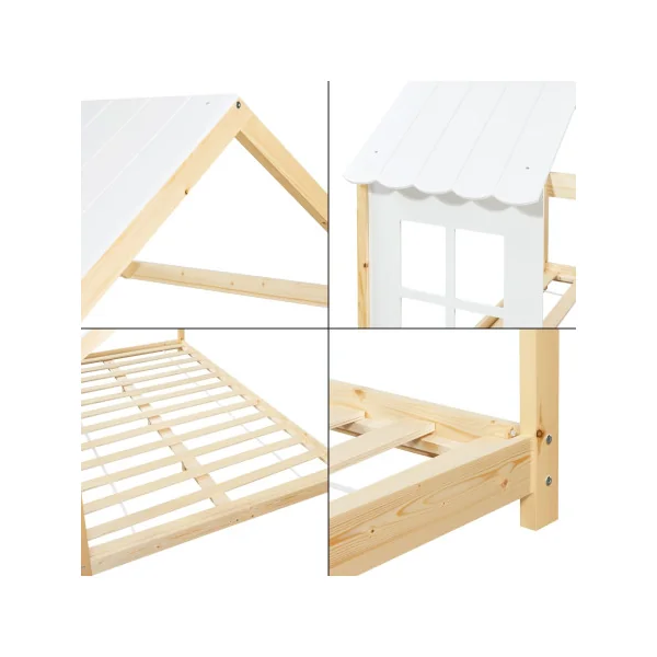Lit Cabane Enfant Lit Montessori Naturel et Blanc 90 x 200 cm Lit Maison avec Sommier