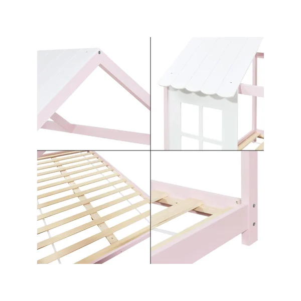 Lit Cabane Enfant Lit Montessori Rose et Blanc 140 x 200 cm Lit Maison avec Sommier
