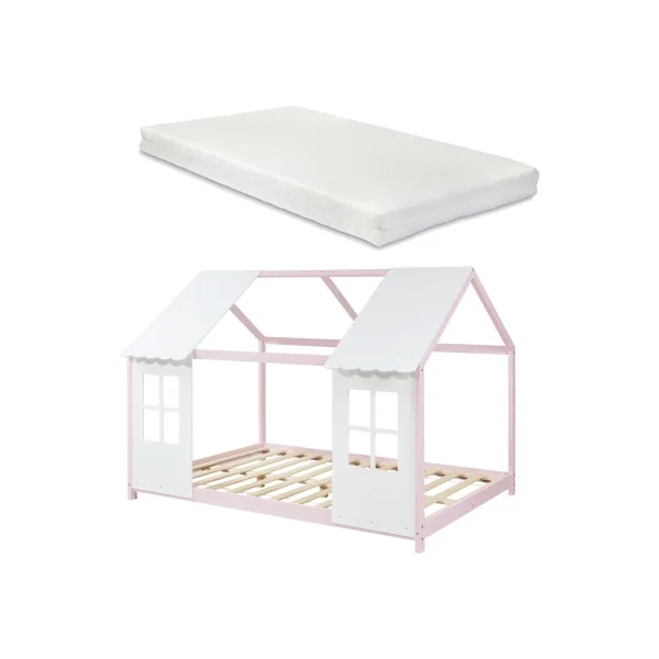 Lit Cabane Enfant Lit Montessori Rose et Blanc 90 x 200 cm avec Matelas Lit Maison avec Sommier