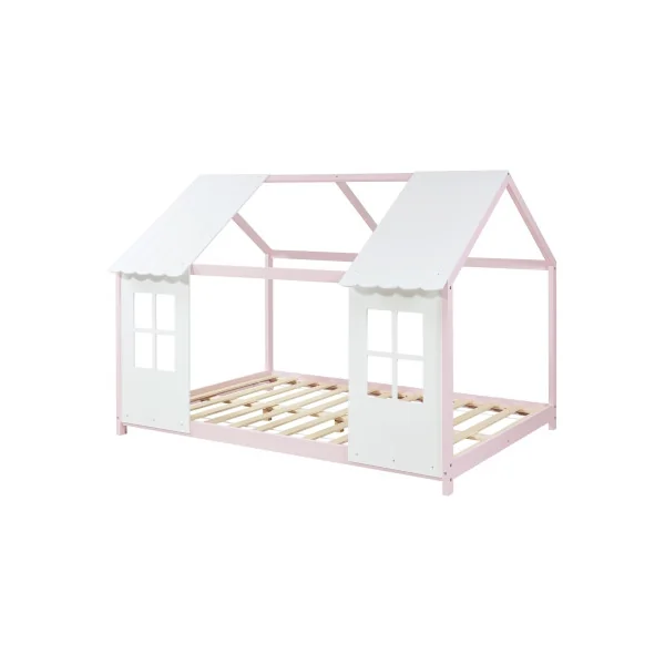 Lit Cabane Enfant Lit Montessori Rose et Blanc 90 x 200 cm Lit Maison avec Sommier