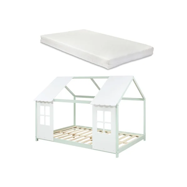 Lit Cabane Enfant Lit Montessori Vert et Blanc 140 x 200 cm avec Matelas Lit Maison avec Sommier
