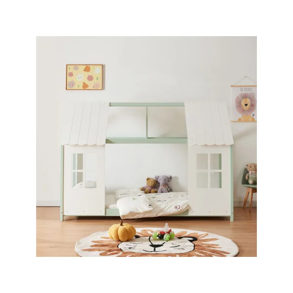 Lit Cabane Enfant Lit Montessori Vert et Blanc 90 x 200 cm avec Matelas Lit Maison avec Sommier