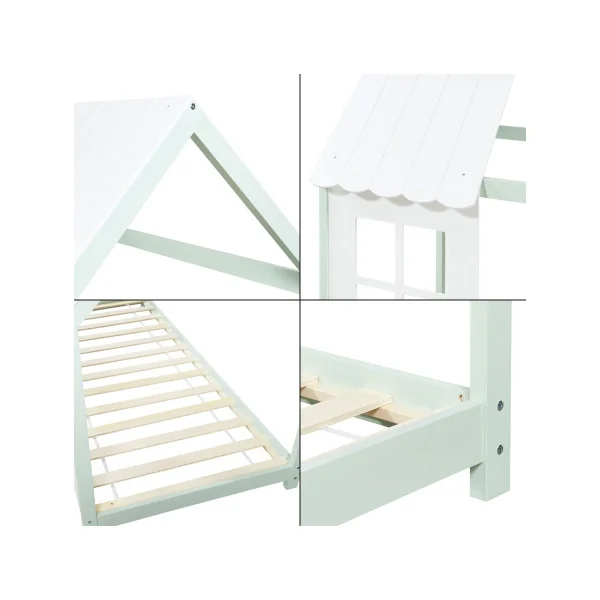 Lit Cabane Enfant Lit Montessori Vert et Blanc 90 x 200 cm avec Matelas Lit Maison avec Sommier