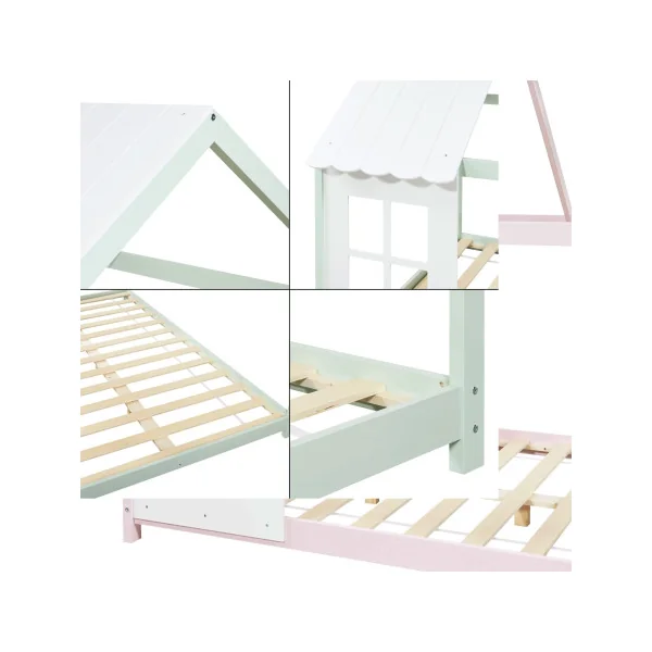 Lit Cabane Enfant Lit Montessori Vert et Blanc 90 x 200 cm Lit Maison avec Sommier