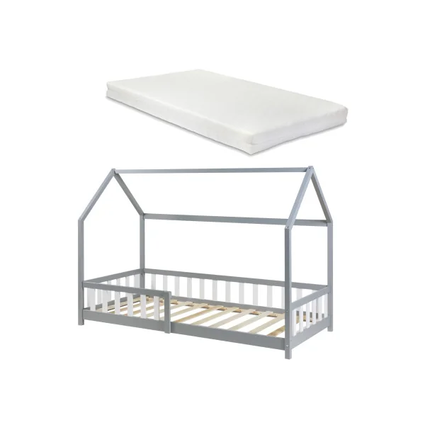 Lit Cabane Gris et Blanc avec Matelas 90 x 200 cm Lit Maison avec Barrières Lit Montessori