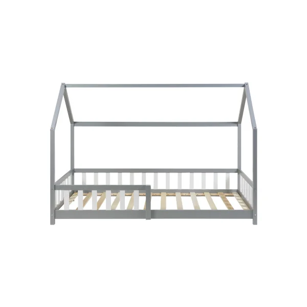 Lit Cabane Gris et Blanc avec Matelas 90 x 200 cm Lit Maison avec Barrières Lit Montessori