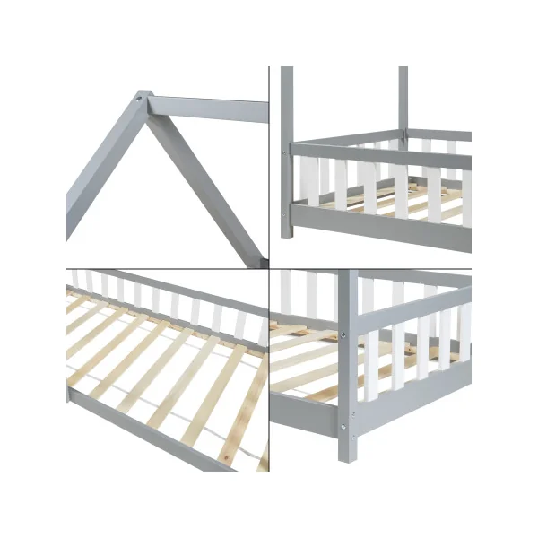 Lit Cabane Gris et Blanc avec Matelas 90 x 200 cm Lit Maison avec Barrières Lit Montessori