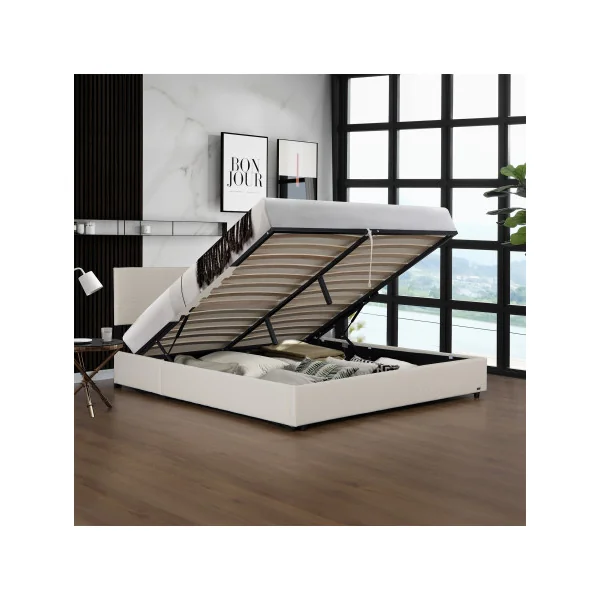Lit Capitonné 140 x 200 cm avec Matelas et Coffre de Rangement Beige