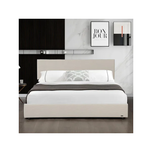 Lit Capitonné 140 x 200 cm avec Matelas et Coffre de Rangement Beige