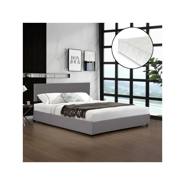 Lit Capitonné 140 x 200 cm avec Matelas et Coffre de Rangement Gris