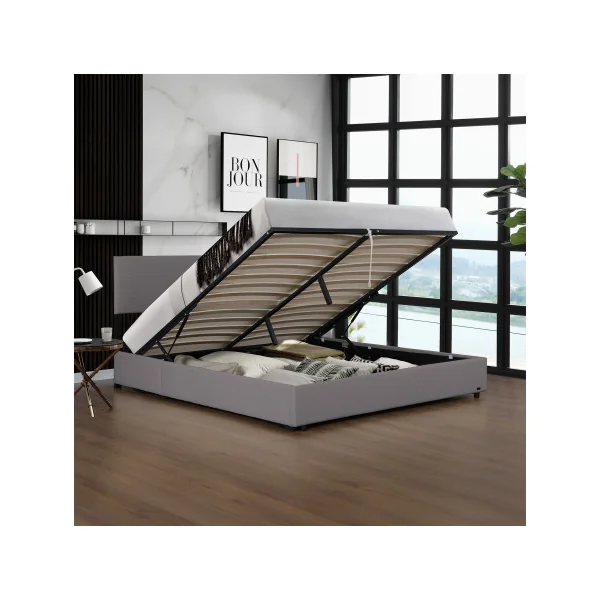 Lit Capitonné 140 x 200 cm avec Matelas et Coffre de Rangement Gris