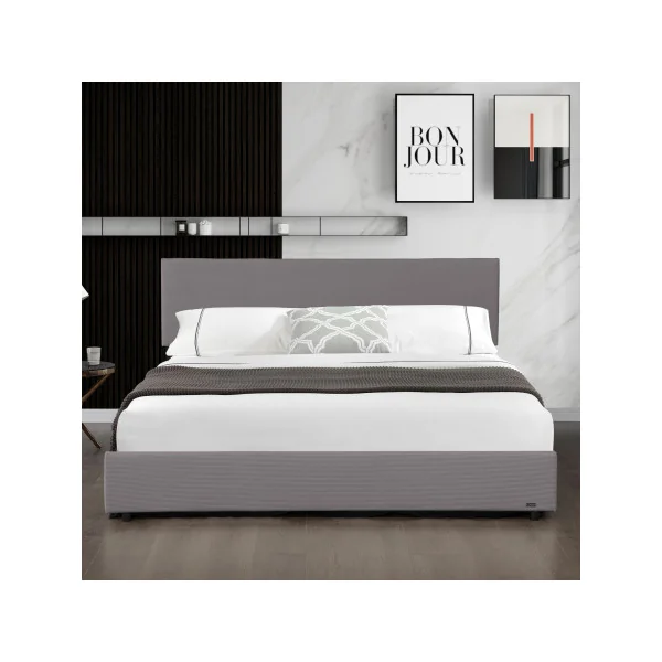 Lit Capitonné 140 x 200 cm avec Matelas et Coffre de Rangement Gris
