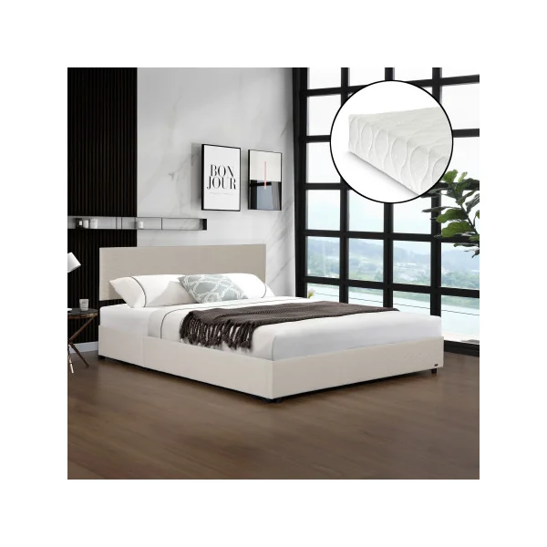 Lit Capitonné 160 x 200 cm avec Matelas et Coffre de Rangement Beige