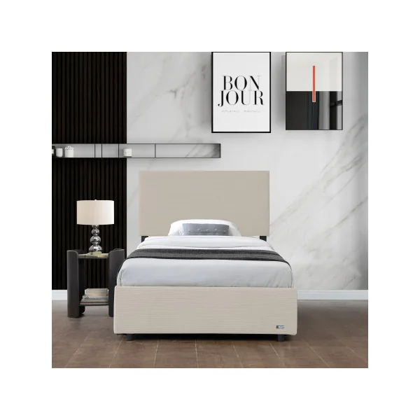 Lit Capitonné 90 x 200 cm avec Matelas et Coffre de Rangement Beige