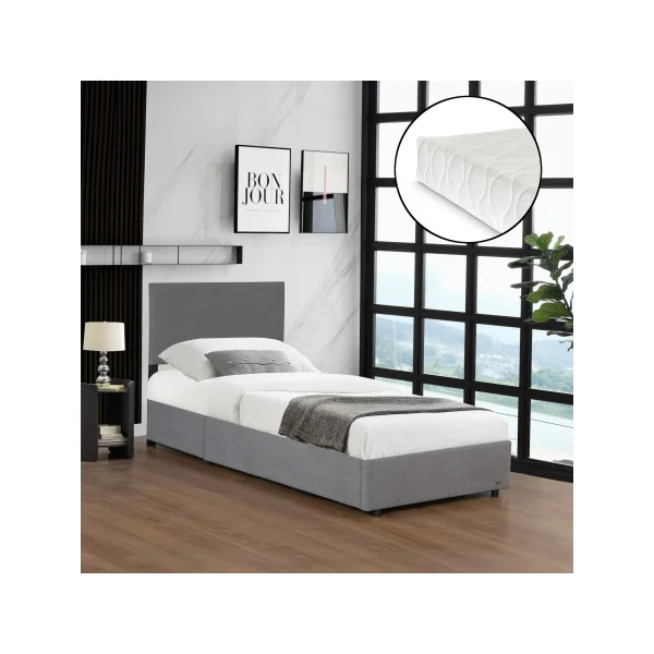 Lit Capitonné 90 x 200 cm avec Matelas et Coffre de Rangement Gris