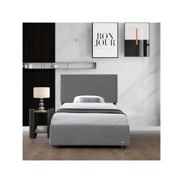 Lit Capitonné 90 x 200 cm avec Matelas et Coffre de Rangement Gris