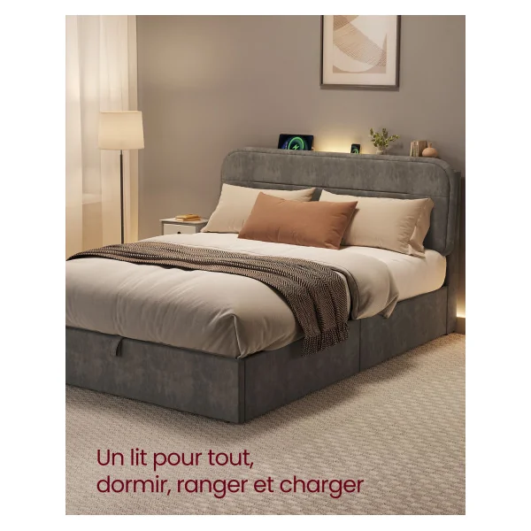 Lit Double avec Coffre 140x190 cm Cadre de Lit avec Rangement Gris Ardoise