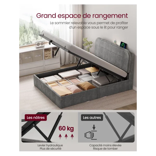 Lit Double avec Coffre 140x190 cm Cadre de Lit avec Rangement Gris Ardoise