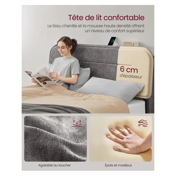 Lit Double avec Coffre 140x190 cm Cadre de Lit avec Rangement Gris Ardoise