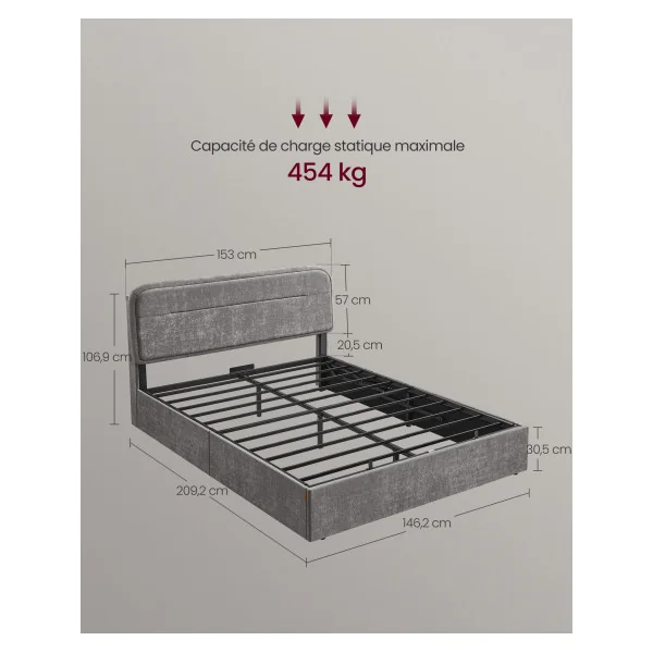 Lit Double avec Coffre 140x190 cm Cadre de Lit avec Rangement Gris Ardoise