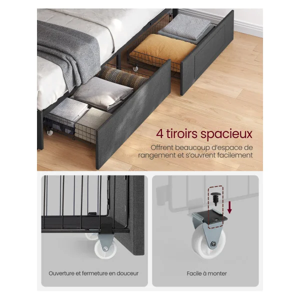 Lit Double avec Coffre de Rangement 140x190 cm Cadre de Lit LED Gris Ardoise et Noir