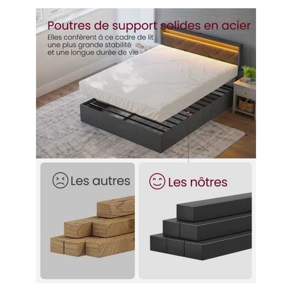 Lit Double avec Coffre de Rangement 140x190 cm Cadre de Lit LED Gris Ardoise et Noir