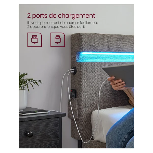 Lit Double en Métal avec LED 140x200 cm Gris Foncé Cadre de Lit en Tissu Gris Foncé
