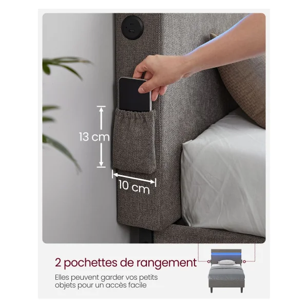 Lit Double en Métal avec LED 140x200 cm Gris Foncé Cadre de Lit en Tissu Gris Foncé