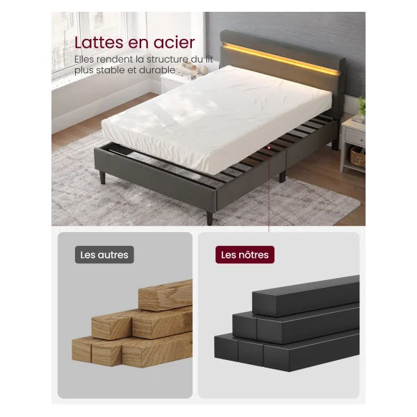 Lit Double en Métal avec LED 140x200 cm Gris Foncé Cadre de Lit en Tissu Gris Foncé