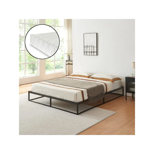 Lit Double en Métal avec Sommier et Matelas 140 x 200 cm Noir Style Industriel