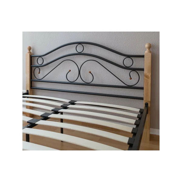 Lit en Métal Lit Métallique Pied Bois 160x200 cm Cadre Lit avec Sommier Lit Adulte