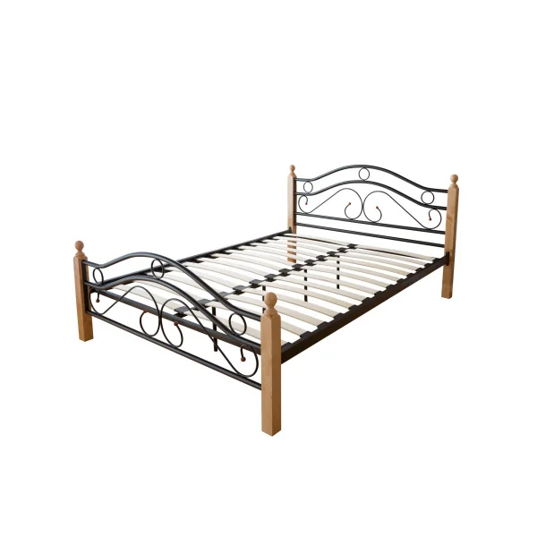 Lit en Métal Lit Métallique Pied Bois 160x200 cm Cadre Lit avec Sommier Lit Adulte