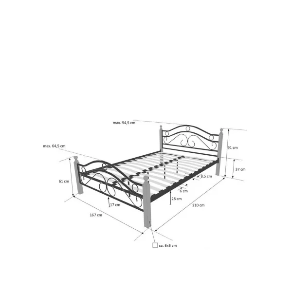 Lit en Métal Lit Métallique Pied Bois 160x200 cm Cadre Lit avec Sommier Lit Adulte