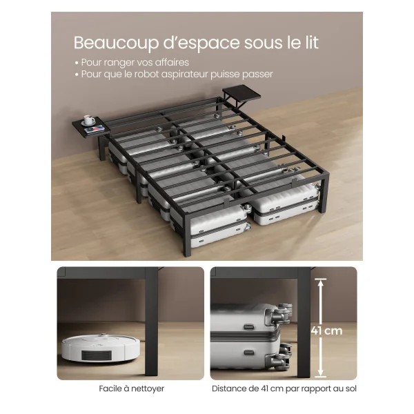 Lit en Métal Noir Double 140x190 cm Cadre de Lit en Acier avec 2 Etagères de Rangement