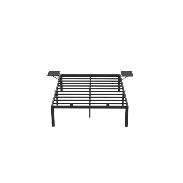Lit en Métal Noir Double 140x190 cm Cadre de Lit en Acier avec 2 Etagères de Rangement