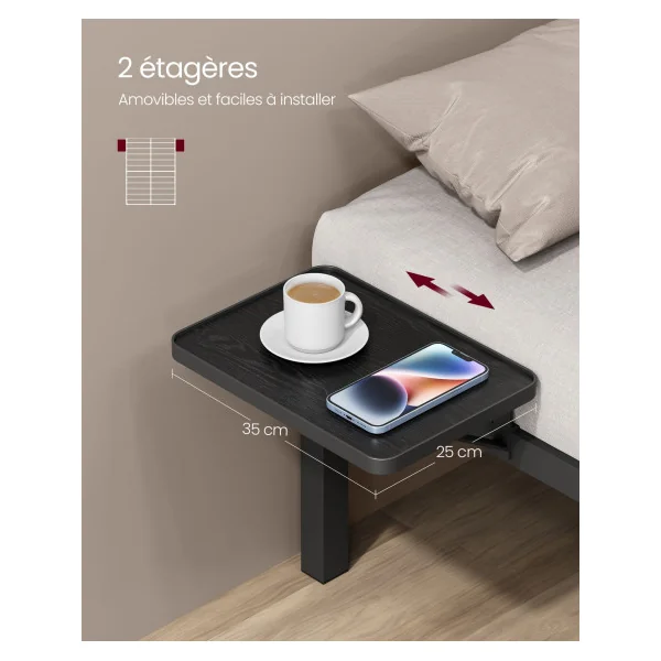 Lit en Métal Noir Double 140x190 cm Cadre de Lit en Acier avec 2 Etagères de Rangement