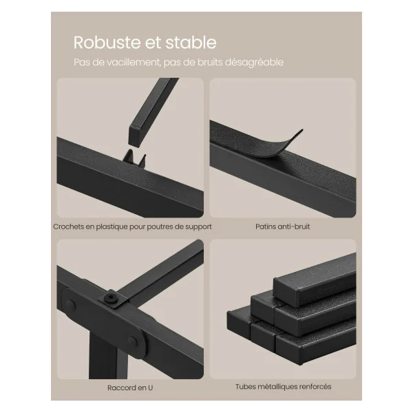 Lit en Métal Noir Double 140x190 cm Cadre de Lit en Acier avec 2 Etagères de Rangement