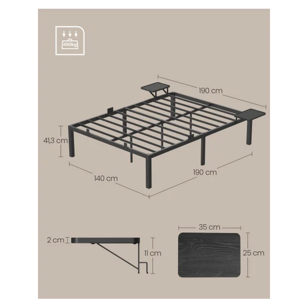 Lit en Métal Noir Double 140x190 cm Cadre de Lit en Acier avec 2 Etagères de Rangement