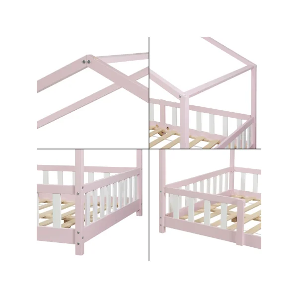 Lit Enfant avec Matelas Lit Maison avec Barrière 120 x 200 cm Lit Montessori Rose et Blanc