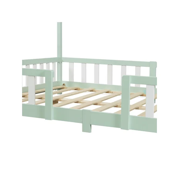 Lit Enfant avec Matelas Lit Maison avec Barrière 140 x 200 cm Lit Montessori Vert et Blanc